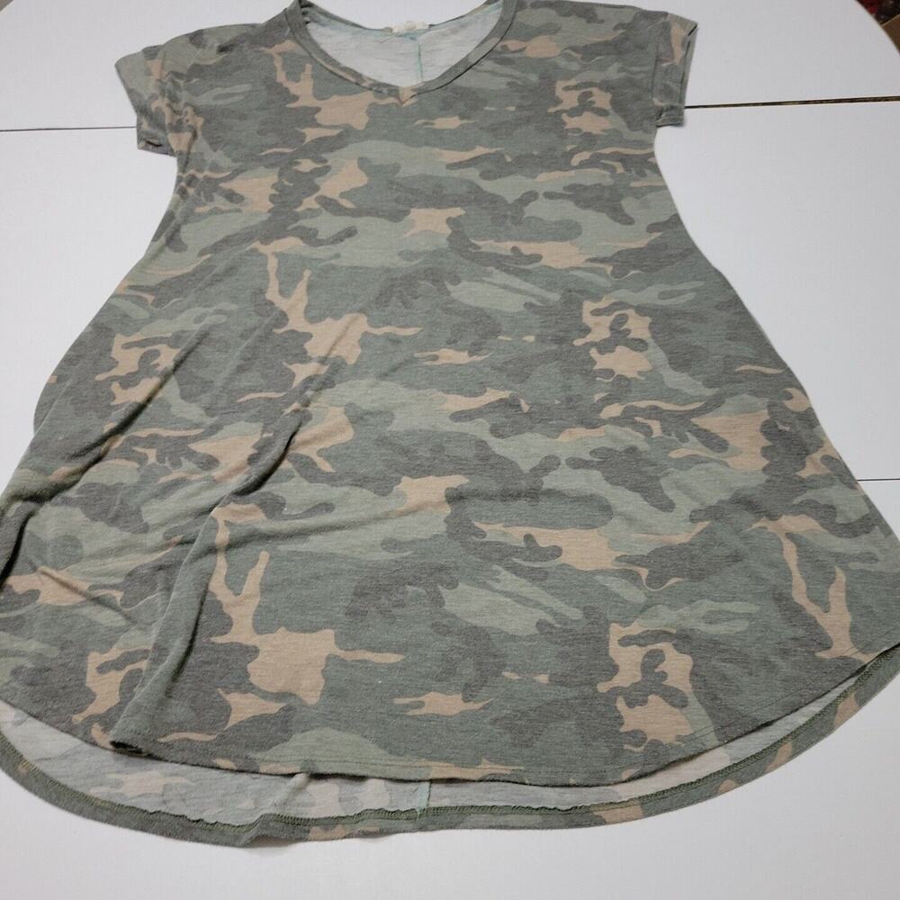 Sweet Pea Shirt Dress Women Large Green Short Sleeve Camo Comfort Stretch Pocket